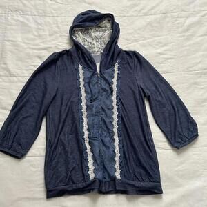 NWT axes femme navy chambray white lace zip up hoodie Size Medium